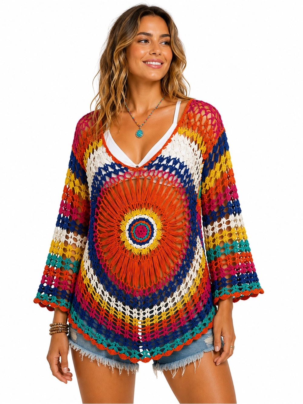 Handmade Rainbow Crochet Festival Boho Pullover Sweater Vintage Style Small